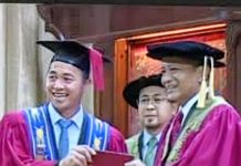 KDM Kiulu candidate Henry Saimpon takes a “break” from campaigning to receive his Master’s Degree at UTM Johor